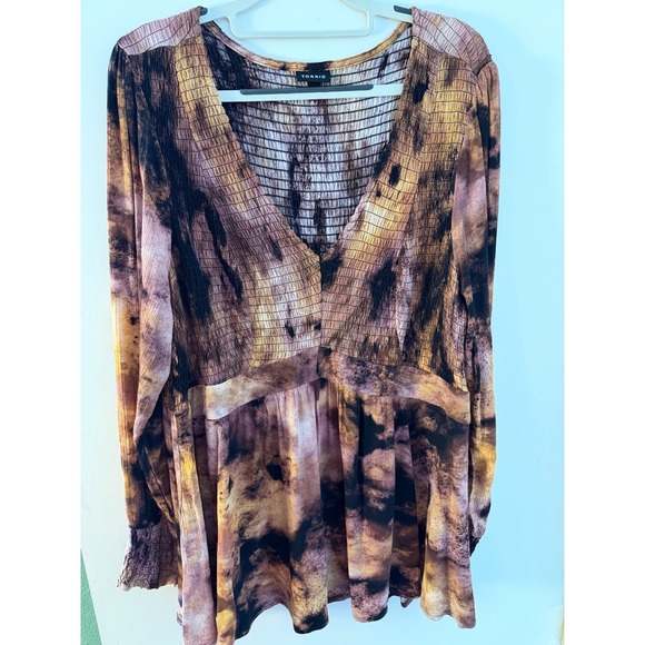 torrid Tops - Torrid Brown Orange Tie Dye Smocked Babydoll Top Long Sleeve V-Neck Size 1 Plus